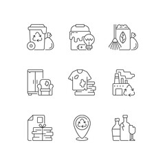 Canvas Print - Waste disposal linear icons set. Garbage pickup from home. Waste with hazardous properties. Customizable thin line contour symbols. Isolated vector outline illustrations. Editable stroke