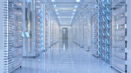 high-tech bright data center with computers and lights.