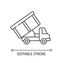 Roll-off Truck Linear Icon. Open Top Dumpster. Organizational Clear Outs. Disposal Option. Thin Line Customizable Illustration. Contour Symbol. Vector Isolated Outline Drawing. Editable Stroke