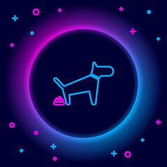 Glowing neon line Dog pooping icon isolated on black background. Dog goes to the toilet. Dog defecates. The concept of place for walking pets. Colorful outline concept. Vector.