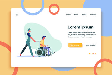 Nurse pushing wheelchair with young man. Man with broken leg flat vector illustration. Nursing home and healthcare concept for banner, website design or landing web page
