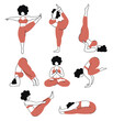 Set of girls in various poses of yoga. Body positive concept. Happy yoga plus size girl. Women doing sports.
