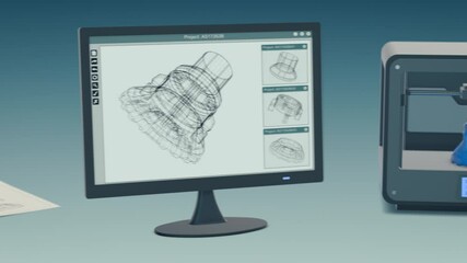 mechanical project, from skecth to prototype to final product, camera panning (3d render)