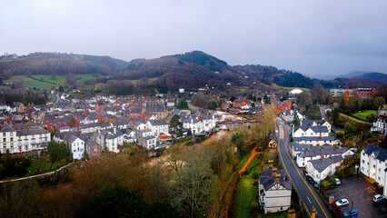 Aerial view of Llangollen,  a town and community on the River Dee in Denbighshire, Wales