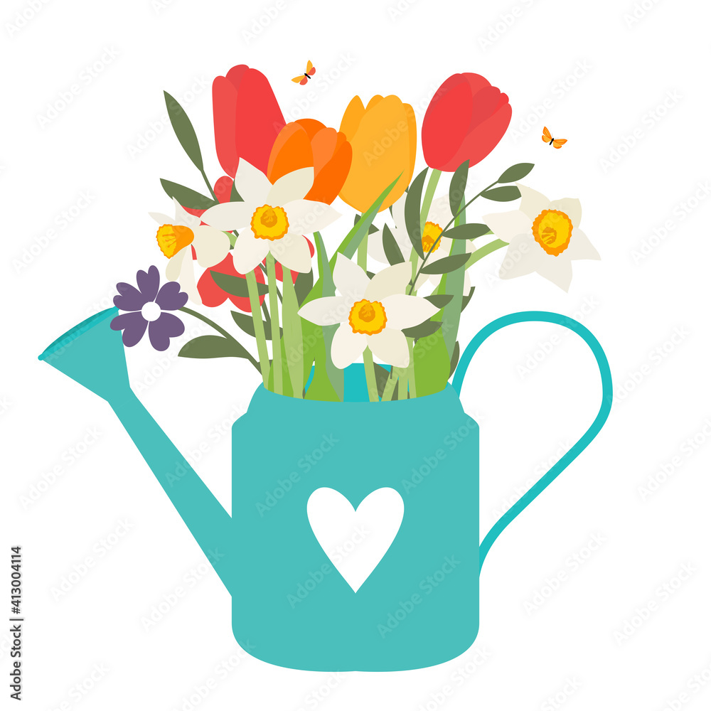 Garden watering can with spring flowers tulips and daffodils. Vector ...