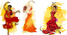 Set Of Colorful Sketches With Flamenco, Indian And Oriental Dancers