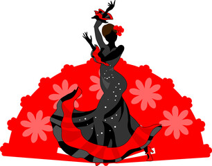 Wall Mural - Silhouette of flamenco dancer in black dress against the background of large red fan isolated on white background