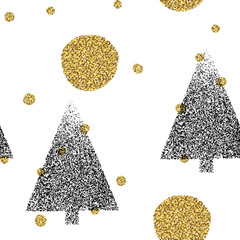 Poster - Golden dots and Christmas Trees. Symbol of Happy New Year, Merry Christmas holiday celebration. Seamless vector pattern