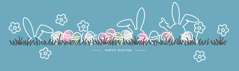 Sticker - Easter line design white bunny and flowers colorful eggs in grass Easter egg hunt spring color palette 2021 greeting card