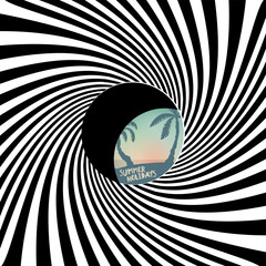 Poster - The black and white stripes twisting into the tunnel form and hole through which a sunny beach is visible. Tourism concept, vector illustration.