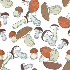 Poster - Mushrooms natural color seamless pattern. Natural food theme vector background