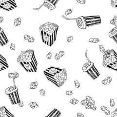 Poster - Vector illustration with hand drawn seamless doodles pattern of popcorn bucket. Cinema snack. Hand drawn fast food. Movie time.