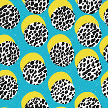 Pop-art Style African Seamless Print. Yellow Circles And Leopard Texture On Blue Background.