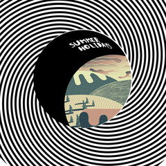 Poster - The black and white stripes twisting into the tunnel form and hole through which a sunny mountains is visible. Tourism concept, vector illustration.