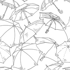 Poster - Umbrella Seamless vector doodles background. Rainy weather theme seamless pattern.