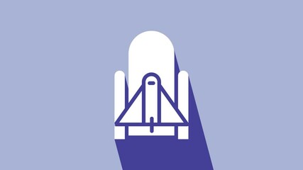 Sticker - White Rocket launch from the spaceport icon isolated on purple background. Launch rocket in space. 4K Video motion graphic animation