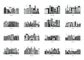 Canvas Print - pack of city landmarks glyph illustrations