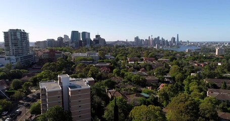 Canvas Print - Leafy green North Shore suburb of Sydney city with CBD and Bridge in 4k.
