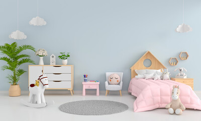 Wall Mural - Blue child bedroom with free space for mockup, 3D rendering