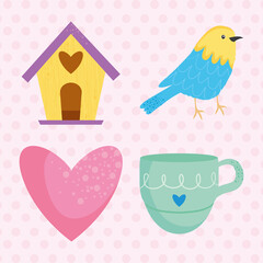 Poster - cute birds and spring icon set, colorful design