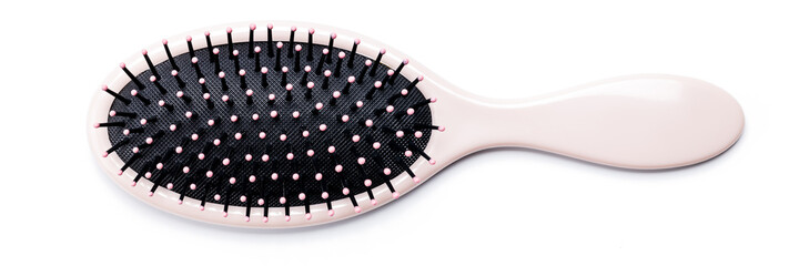 hairbrush isolated on white background. pink hair brush cut out. design element. personal grooming accessory