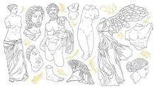 Vector Set Of Antique Sculptures. Antique Statues Venus, Apollo, Nike, Greek Statue Head And Body. Linear Icons Greek Gods
