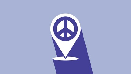 Poster - White Location peace icon isolated on purple background. Hippie symbol of peace. 4K Video motion graphic animation