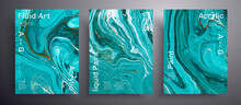 Abstract Vector Placard, Texture Collection Of Fluid Art Covers. Artistic Background That Applicable For Design Cover, Poster, Brochure And Etc. Blue, Turquoise And White Creative Iridescent Artwork