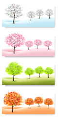 Aufkleber - Four Nature Backgrounds with stylized trees representing different seasons - winter, spring, summer and autumn. Vector.