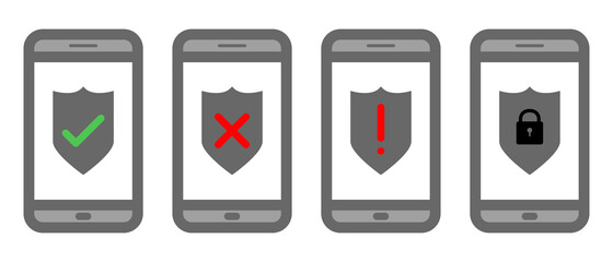 Poster - Vector set of smartphones with shields on the screens. A set of phone icons with a check mark, a cross, an exclamation mark and a lock in shields on the screen. A set of icons for your phone.
