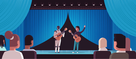 Poster - robotic musician with man guitarist playing acoustic guitar robot vs human standing together at thea