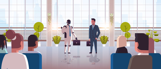 Poster - robot and human businessmen discussing during conference meeting with businesspeople robotic character vs man standing together artificial intelligence technology concept full length horizontal vector