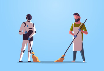 Poster - robotic janitor with man cleaner sweeping and cleaning robot vs human standing together artificial i