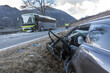 © fabrus - Violent head-on collision between a bus and a car traveling in the opposite direction at the end of the day. A victim due to high speed or drunk driving car crash at sunset or sunrise.