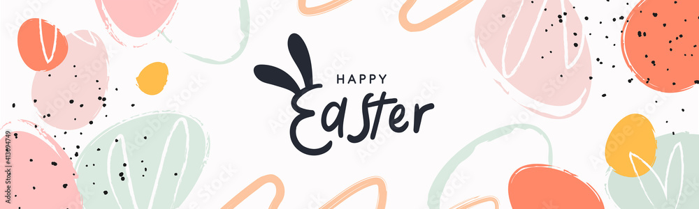 Happy Easter banner. Trendy Easter design with typography, hand painted strokes and dots, eggs, bunny ears, in pastel colors. Modern minimal style. Horizontal poster, greeting card, header for website - obrazy, fototapety, plakaty 