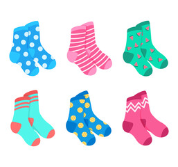 Set of colored pairs of socks. Vector illustration collection of different bright socks
