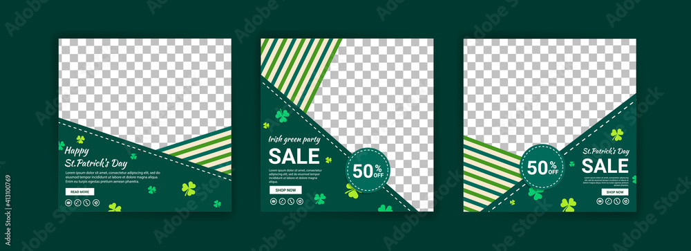 Collections of social media post templates for St.Patrick's Day, sales promotions on St. Patrick's day and have a lucky day. - obrazy, fototapety, plakaty 