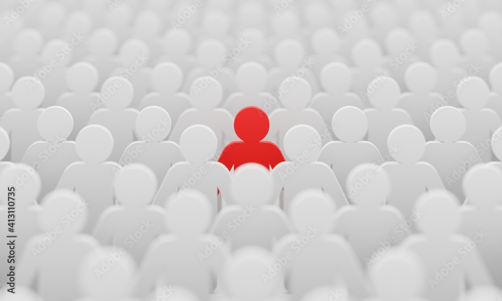 Red man color figurine among crowd white men people background. Social ...