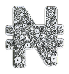 Poster - Gear Nigerian naira symbol isolated on white background. Mechanical concept. 3D rendering.	
