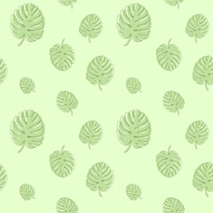 Poster - Abstract botanical seamless pattern. Tropical monstera leaves silhouette and line art for exotic background. Hand drawn line art botany illustration in green monochrome colors. Vector