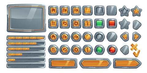 Poster - Game buttons, cartoon interface of stone, metal and gold texture. Menu boards, ui or gui design elements. User setting panel with keys isolated on white background, Vector illustration, icons set