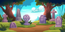 Cemetery, Graveyard With Tombstones In Forest With Trees Around, Cracked Crosses, Monuments With Rip Signature. Old Grave Tombs On Green Field With Grass At Day Time. Cartoon Vector Illustration