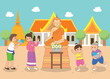 Cartoon cute Songkran festival Thailand, People Thai style playing water outdoor temple vector.