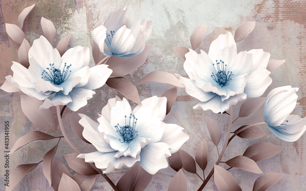 3d picture of flowers on a brown background  - obrazy, fototapety, plakaty 