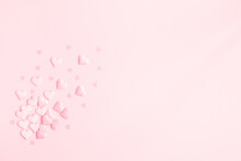 Valentine's Day Background. Pink Hearts On Pastel Pink Background. Valentines Day Concept. Flat Lay, Top View, Copy Space