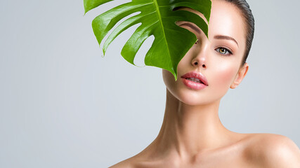 Wall Mural - beautiful woman with green leave near face and body. closeup girl's face with green leave. skin care