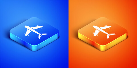 Canvas Print - Isometric Plane icon isolated on blue and orange background. Flying airplane. Airliner insurance. Security, safety, protection, protect concept. Square button. Vector.