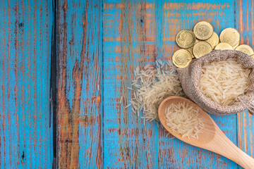 Poster - Coins and Rice. Zakat concept. Zakat is a form of alm-giving as a religious obligation