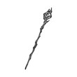 Magic staff or stick with crystal ball. Antique esoteric weapon for wizardry and witchcraft. Black and white illustration isolated on white background