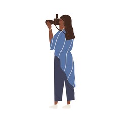 Fototapete - Professional female photographer or videographer taking pictures or shooting video with camera. Young African American woman taking photos or shots. Flat vector illustration isolated on white